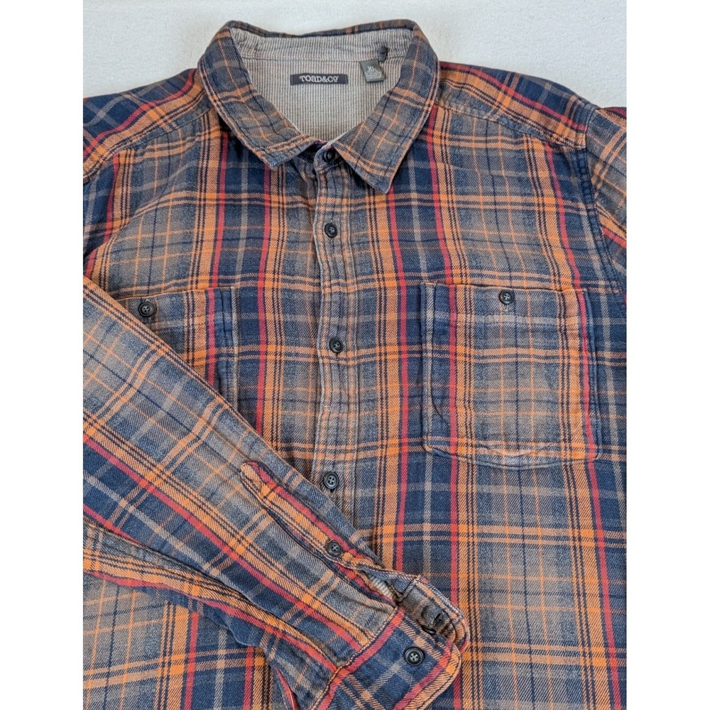 Toad&Co Mens XL Organic Cotton Plaid Flannel Shirt Navy Rust Tan Outdoor Casual